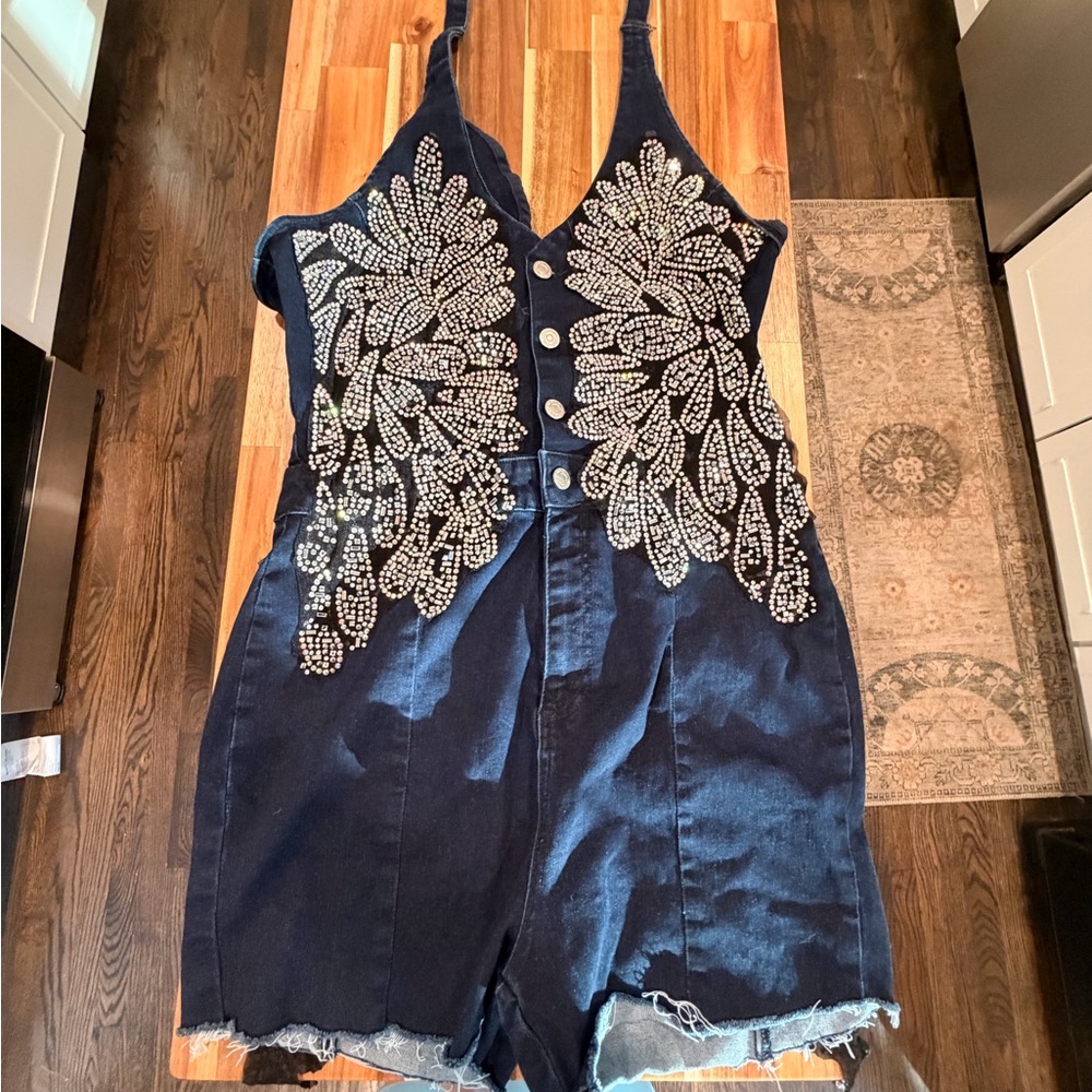 Shoe Dazzle Denim Overalls with Iridescent Crystal Embellishment